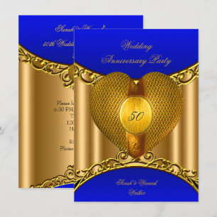 50th Anniversary Royal Blue Gold Golden Heart Invitation