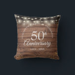 50th Anniversary Rustic Gold Dust String Lights Cushion<br><div class="desc">Featuring string lights and gold dust confetti on a rustic wood panels background. Personalise with your special fifty years golden anniversary information in chic lettering. Designed by Thisisnotme©</div>