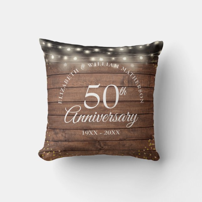 50th Anniversary Rustic Gold Dust String Lights Cushion (Front)