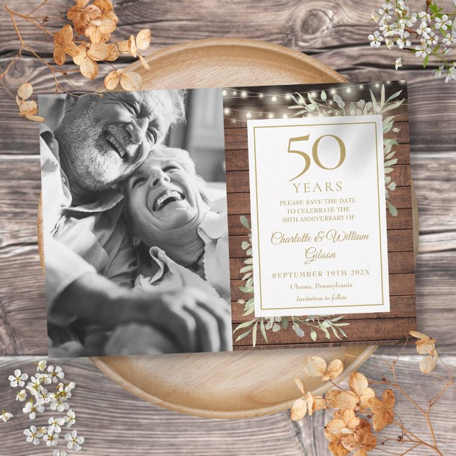 50th Anniversary Rustic Greenery Lights Photo Save The Date (50th Anniversary Rustic Greenery Lights Photo Save The Date)