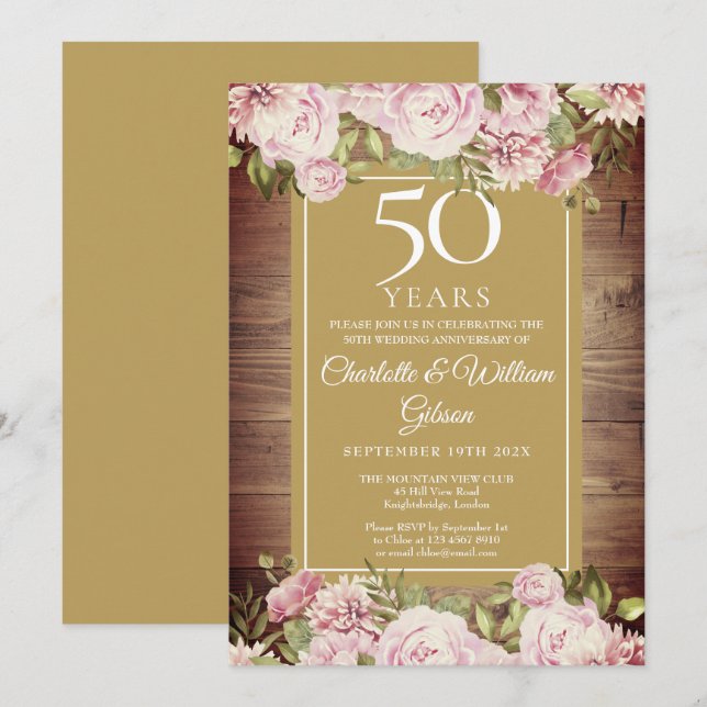 50th Anniversary Rustic Watercolour Pink Roses  Invitation (Front/Back)
