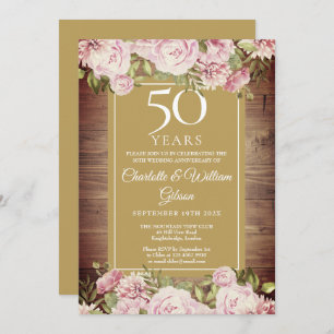 50th Anniversary Rustic Watercolour Pink Roses  Invitation