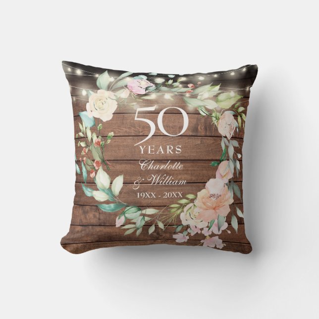 50th Anniversary Rustic Wood Floral String Lights Cushion (Front)