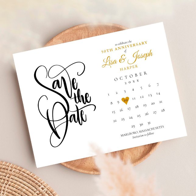 50th Anniversary Save the Date Calendar Gold Heart Announcement Postcard (Creator Uploaded)