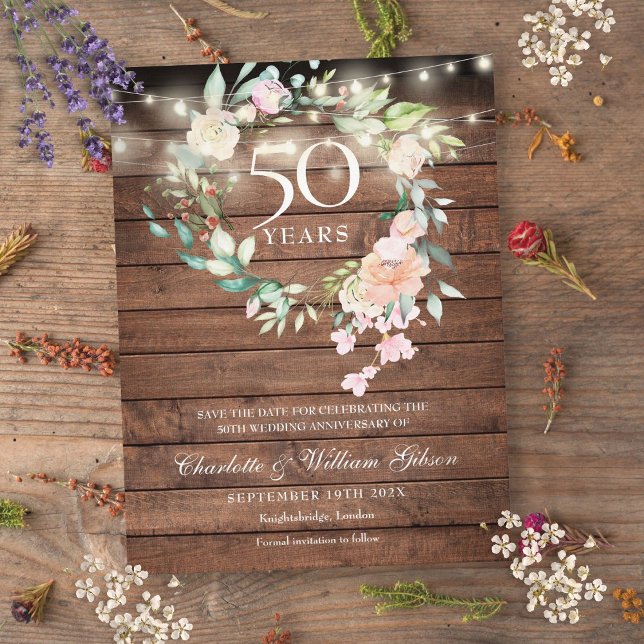50th Anniversary Save the Date Rustic Floral Announcement Postcard (50th Anniversary Save the Date Rustic Floral Announcement Postcard)