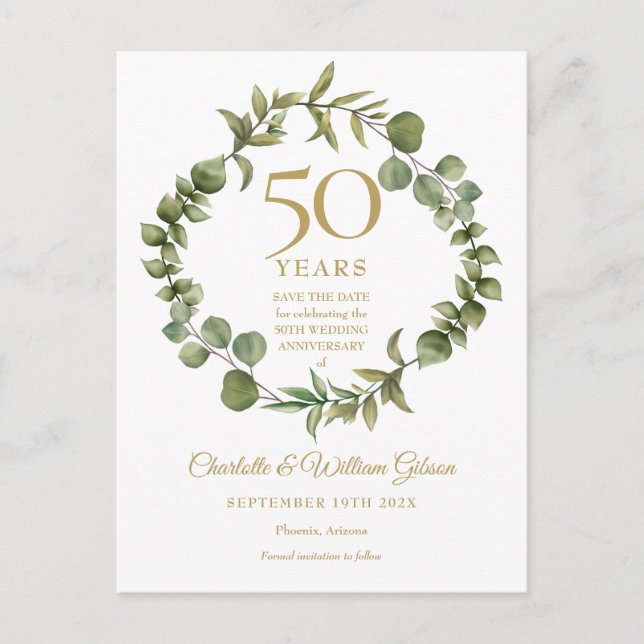 50th Anniversary Save the Date Woodland Greenery  Announcement Postcard (Front)