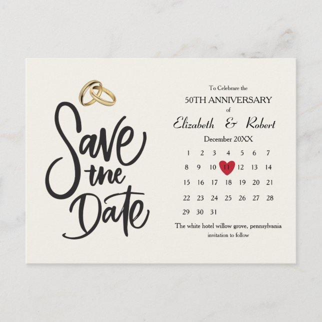 50th Anniversary Simple Wedding The Date Calendar  Announcement Postcard (Front)