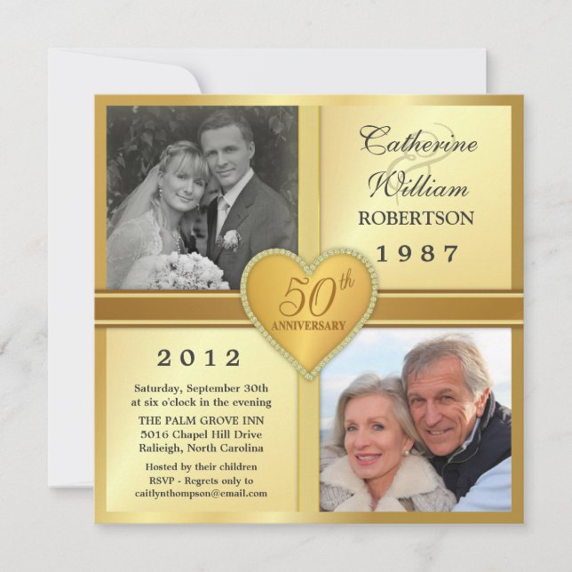 50th Anniversary Sparkle Heart Photo Invitations (Front)