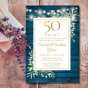50th Anniversary String Lights Blue Wood Greenery Invitation