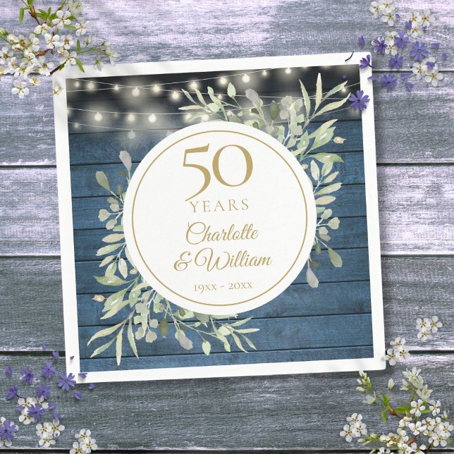 50th Anniversary String Lights Foliage Rustic Wood Napkin (50th Anniversary String Lights Foliage Rustic Wood Napkins)