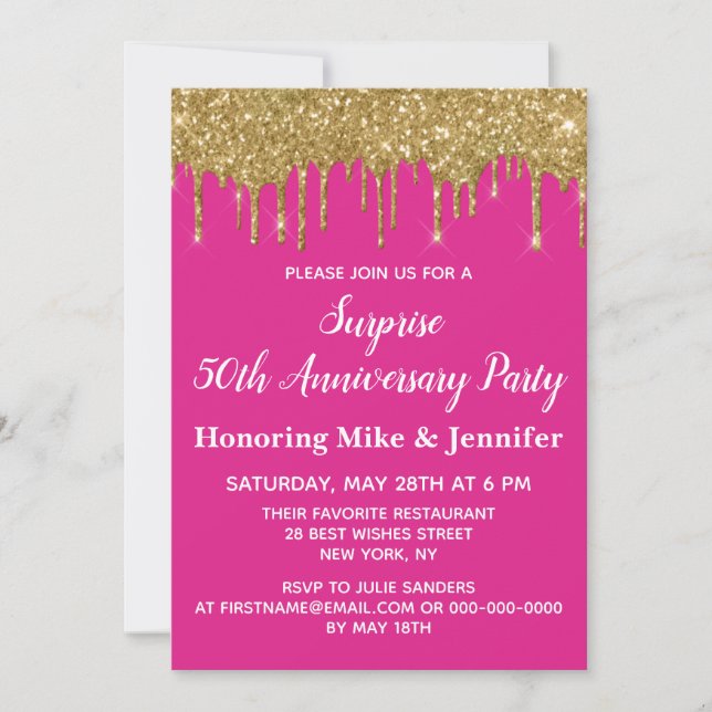 50th Anniversary Surprise Party Bright Pink Gold Invitation (Front)