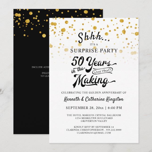 50th Anniversary Surprise Party Gold Confetti Invitation (Front/Back)