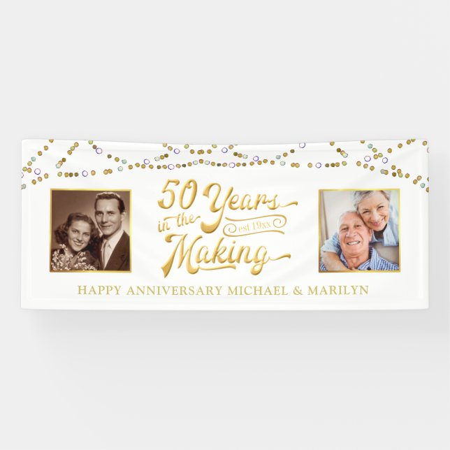 50th Anniversary Then & Now Photos 50 YEARS Gold Banner (Horizontal)