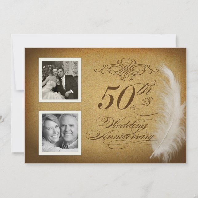 50th Anniversary Vintage Feather 2 Photo Invites (Front)