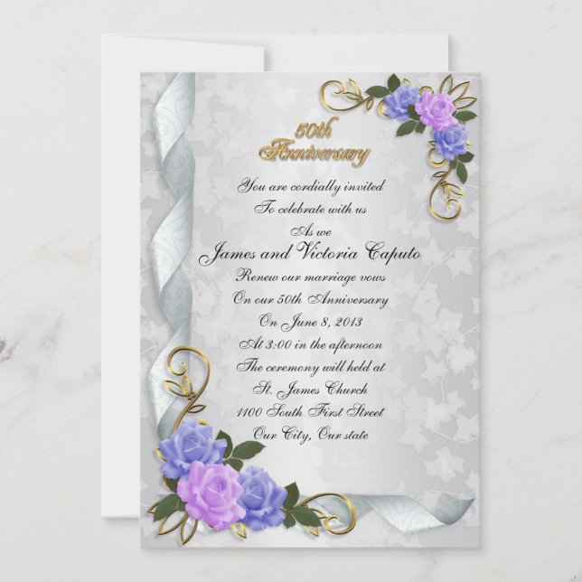 50th Anniversary vow renewal blue & lavender roses Invitation (Front)