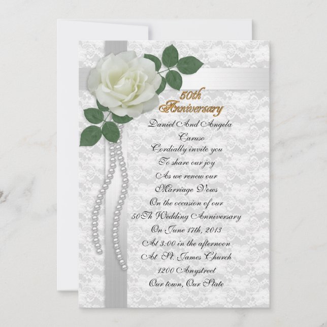 50th Anniversary vow renewal Invitation White rose (Front)