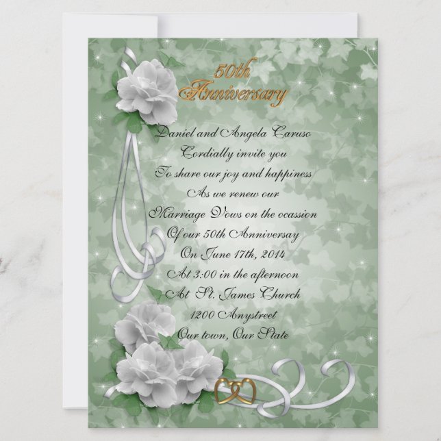 50th Anniversary vow renewal white roses Invitation (Front)