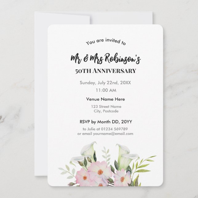 50th Anniversary Watercolor White Calla Lily Roses Invitation (Front)
