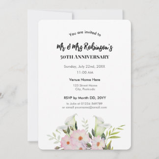 50th Anniversary Watercolor White Calla Lily Roses Invitation
