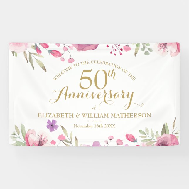 50th Anniversary Watercolour Roses Welcome Banner (Horizontal)