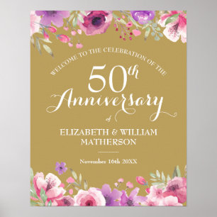 50th Anniversary Watercolour Roses Welcome Sign