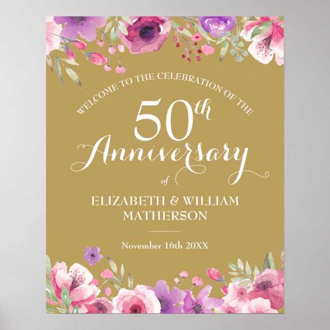 50th Anniversary Watercolour Roses Welcome Sign (Front)