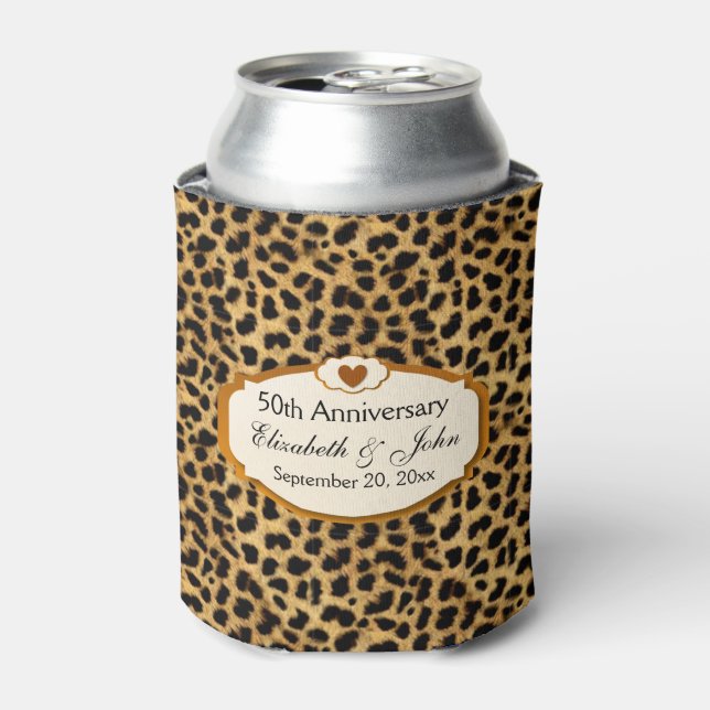 50th Anniversary Wedding Anniversary Gold Leopard Can Cooler (Can Front)