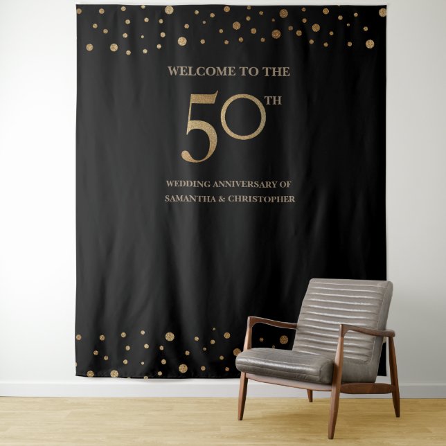 50th Anniversary Wedding Photo backdrop Gold black Tapestry (In Situ)