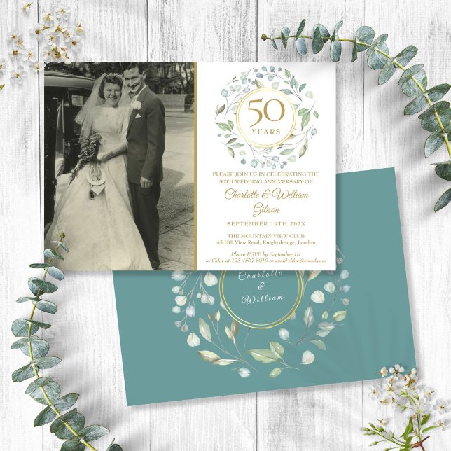 50th Anniversary Wedding Photo Floral Greenery Invitation (50th Anniversary Wedding Photo Floral Greenery Invitation)