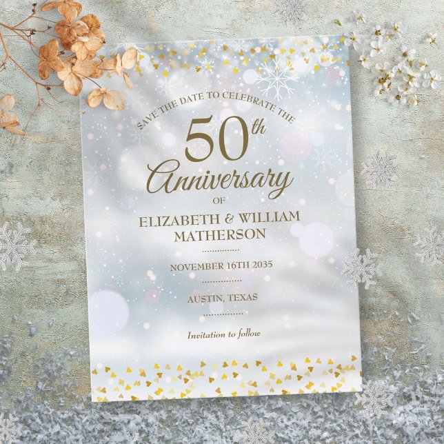 50th Anniversary Winter Snowflakes Save the Date Announcement Postcard (50th Anniversary Winter Snowflakes Save the Date Announcement Postcard)