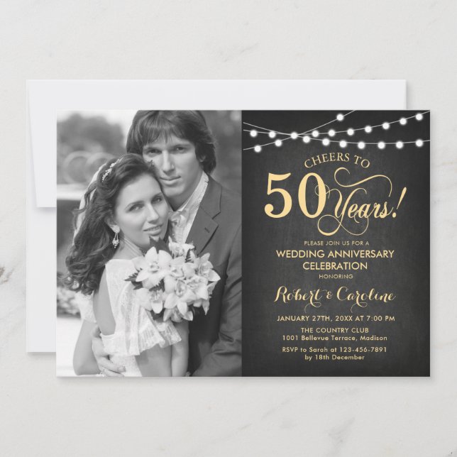 50th Anniversary with Photo - Black and Gold Invitation (Front)