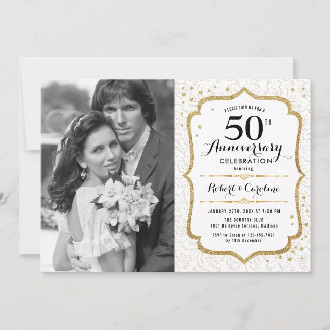 50th Anniversary with Photo - Elegant Gold White Invitation (Front)