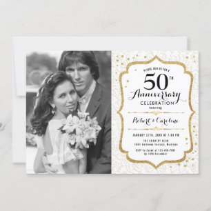 50th Anniversary with Photo - Elegant Gold White Invitation