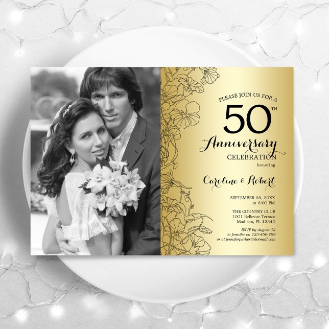 50th Anniversary With Photo - Gold Floral Invitation (Creator Uploaded)