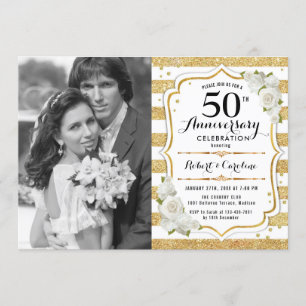50th Anniversary with Photo - Gold White Invitation