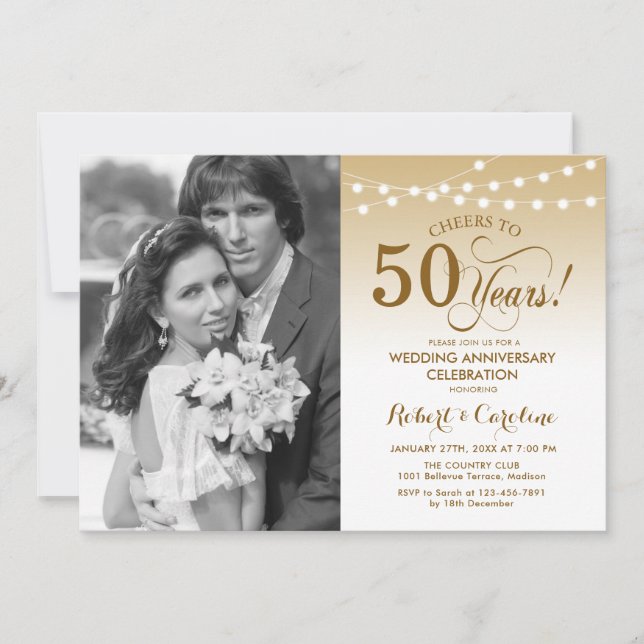 50th Anniversary with Photo - Gold White Invitation (Front)