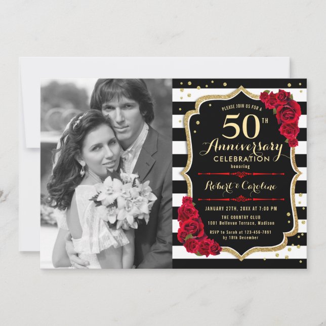 50th Anniversary with Photo - Red Gold Black Invitation (Front)