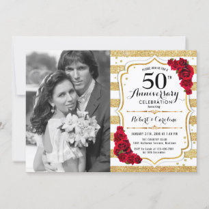 50th Anniversary with Photo - Red Gold White Invitation