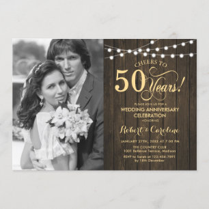 50th Anniversary with Photo - Rustic Wood Gold Invitation