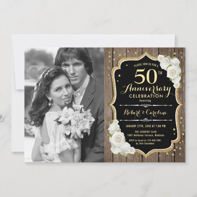50th Anniversary with Photo - Rustic Wood Invitation (Front)
