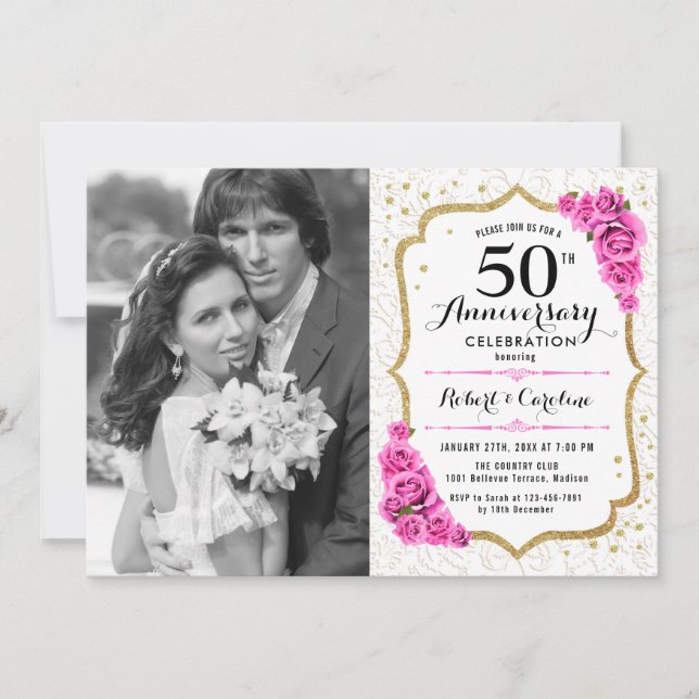 50th Anniversary with Photo - White Gold Pink Invitation (Front)