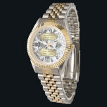 50th Anniversary Wrist Watch<br><div class="desc">A Digitalbcon Images Design featuring a gold and platinum silver colour with diamond pattern design in this one-of-a-kind "Golden Anniversary" Wrist Watch. This elegant and attractive design makes the ideal gift for Anniversaries, Birthdays, Graduations, Retirement or any special occasion in your life. It comes complete with customisable burnished gold label...</div>