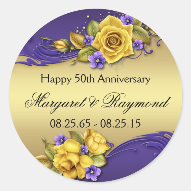 50th Anniversary Yellow Roses Purple Pansies Classic Round Sticker (Front)