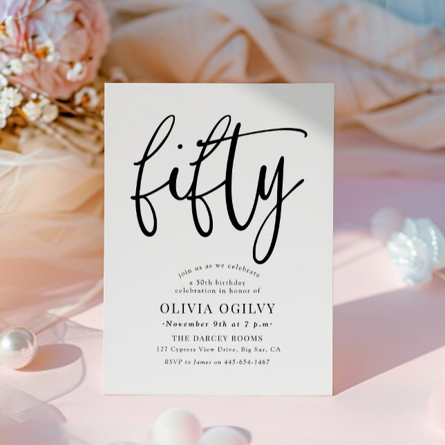 50th B&W Birthday Party Modern Script Typography Invitation (Creator Uploaded)