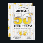 50th Beer Birthday Party Milestone Invitation<br><div class="desc">Celebrate your friend or family's birthday for the beer lover with the fun and clever Beer-thday Party invitation. Features the number 50th that is filled with beer and foam, two cheering beer mugs on a white washed woodgrain background. Other milestone number available and if you can't find it please email...</div>