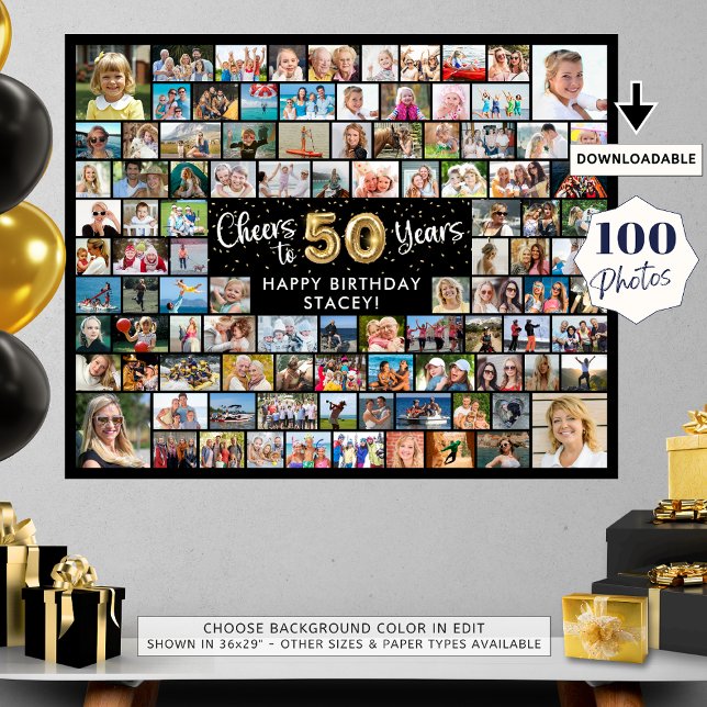 50th Birthday 100 Photos Black Gold Cheers To Year Poster (Creator Uploaded)