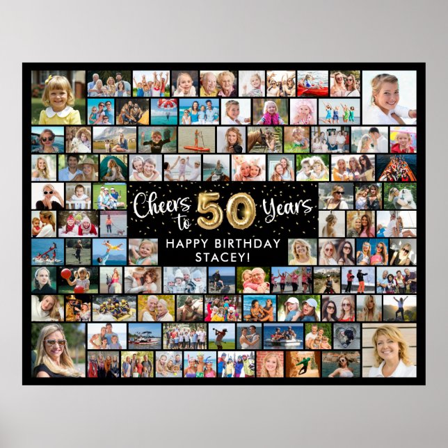 50th Birthday 100 Photos Black Gold Cheers To Year Poster (Front)