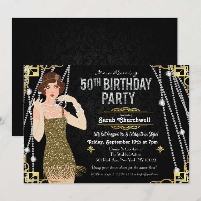 50th Birthday 1920s Gatsby Flapper Girl Birthday  Invitation (Front/Back)