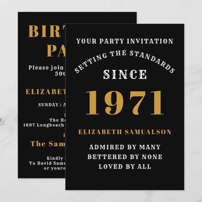 50th Birthday 1971 Black Gold Personalised For Her Invitation (Front/Back)