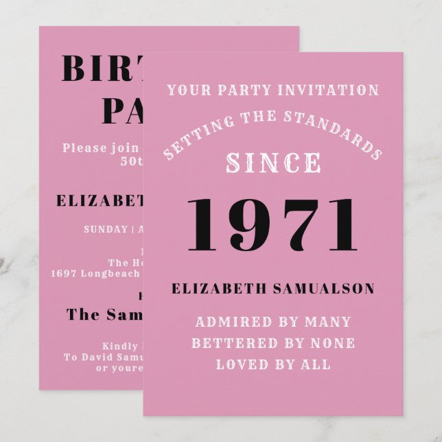 50th Birthday 1971 Black Pink Personalised For Her Invitation (Front/Back)